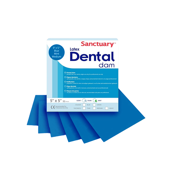 Latex Dental Dams - коффердам без запаха, синий цвет, 127*127 мм, 52 шт. | Sanctuary Health (Малайзия)