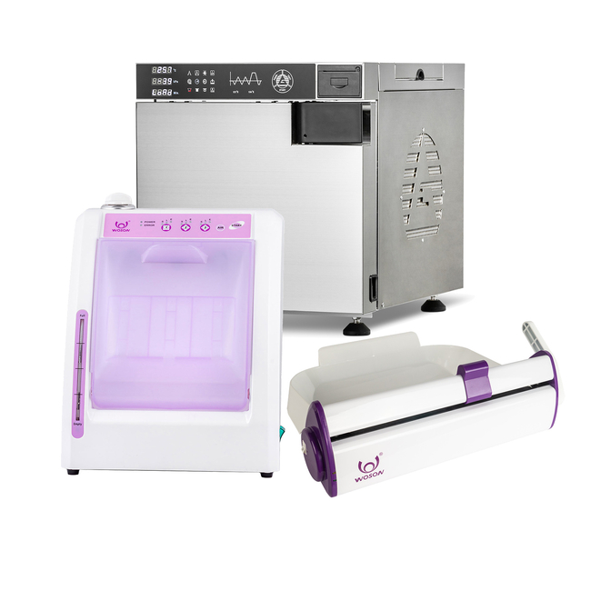 Комплект Woson: автоклав PRIMA TANVO C23 (23 л) + запечатывающее устройство SEAL 100 (SELINA) + аппарат для смазки и чистки наконечников LUB909 | Woson (Китай)